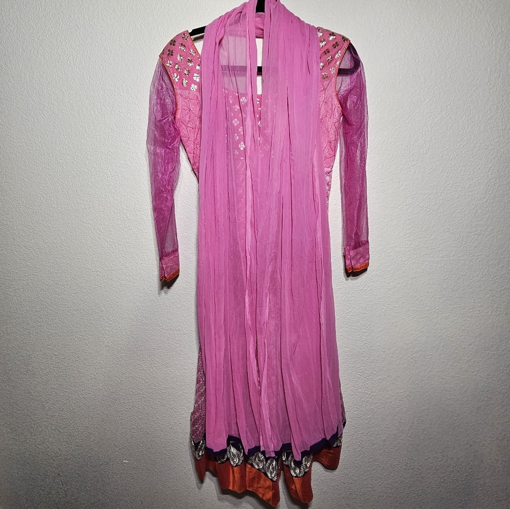 Vibrant Pink & Gold Anarkali Dress -Indian Dress w/ Matching Scarf - Size Medium